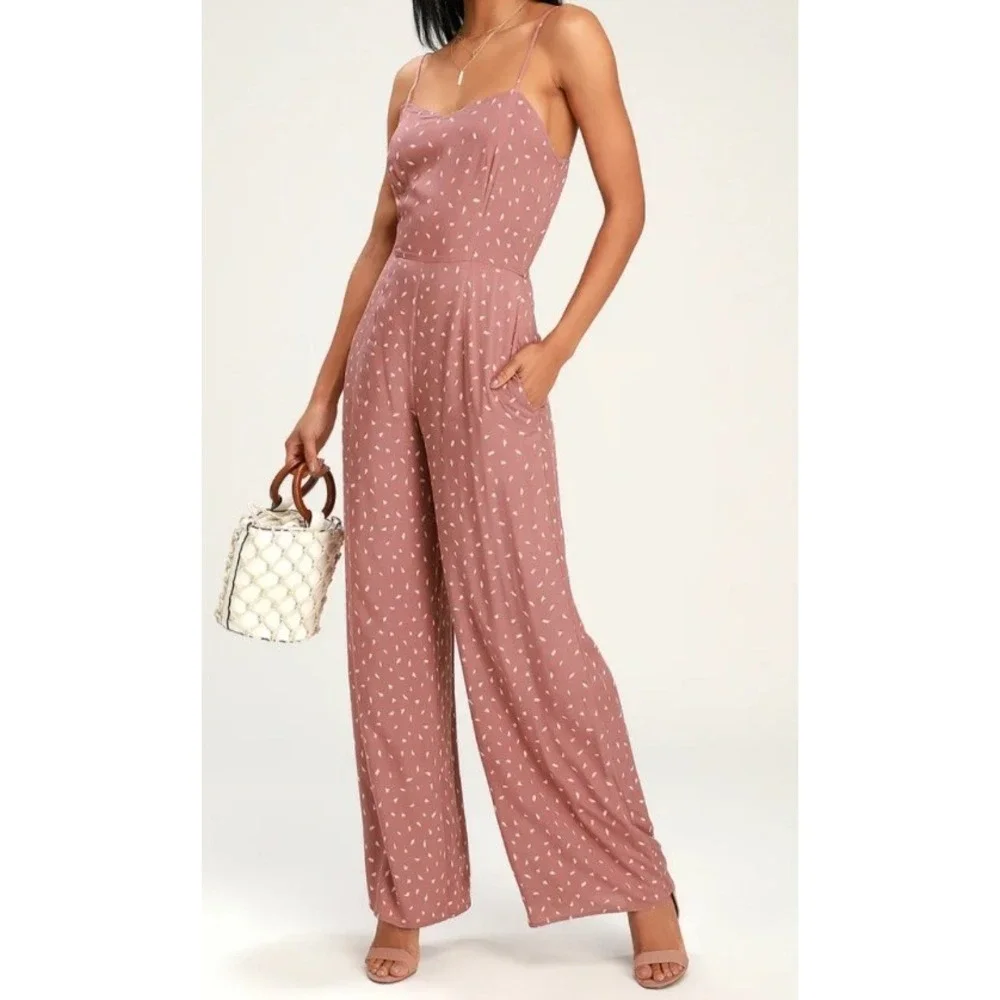 Lulus Mauve Print Jumpsuit Size Medium Sleeveless Wide Leg‎ Pink Lined  Pockets